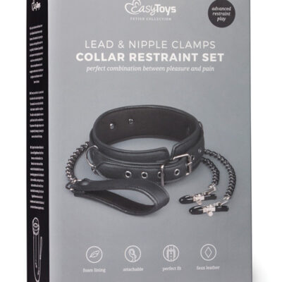 Easy Toys Faux Leather Collar w/Nipple Chains - Black